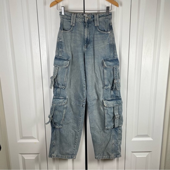 Zara Denim - Zara Barrel Baggy Jeans Women’s 0 Blue Faded Utility Cargo Multipocket Y2K